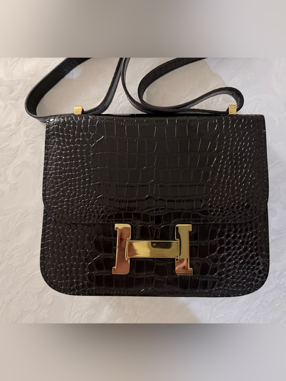 Hermes Black Croc-Embossed Leather Crossbody Bag with Gold Hardware